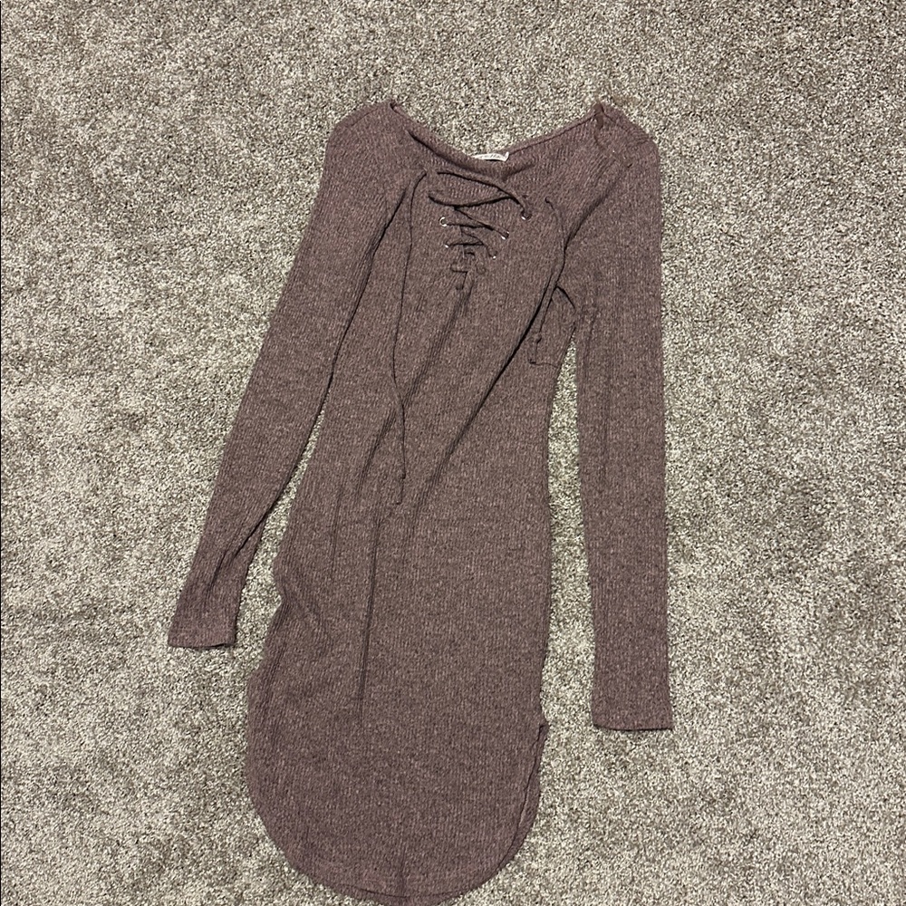 Heart Hips Lace-Up Long Sleeve Dress in Brown